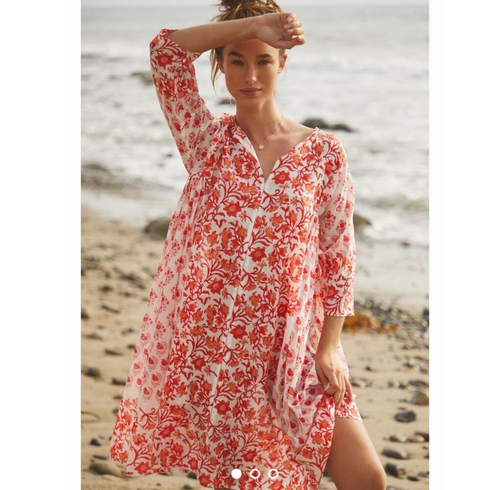New Anthropologie Ro's Garden Bhopali Dress $220 X-SMALL Red Floral Motif